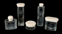 A Group of Five Etched and Cut Glass Dresser Set Height of tallest 5 inches. — 20TH CENTURY