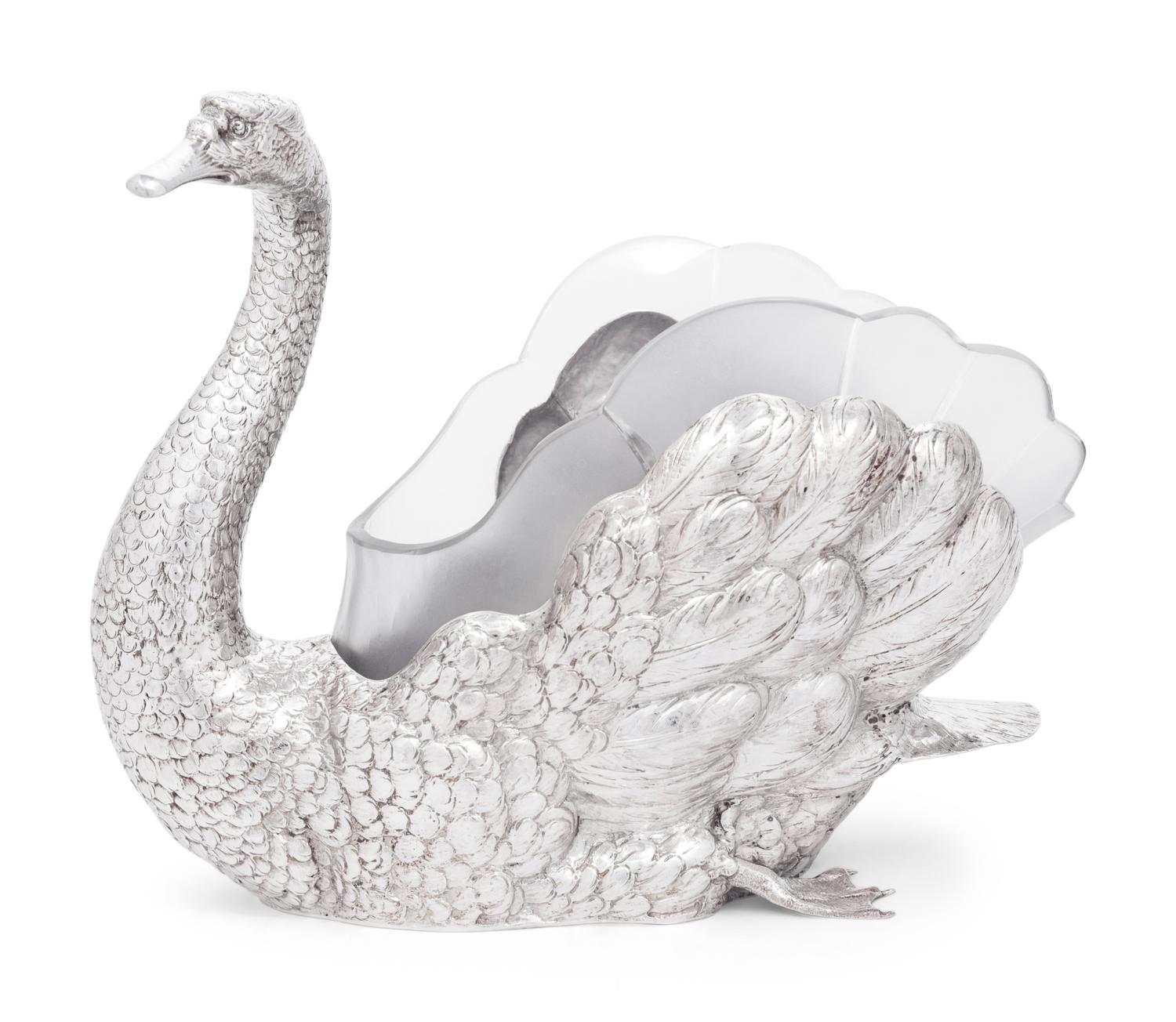 A German Silver and Frosted Glass Swan Centerpiece