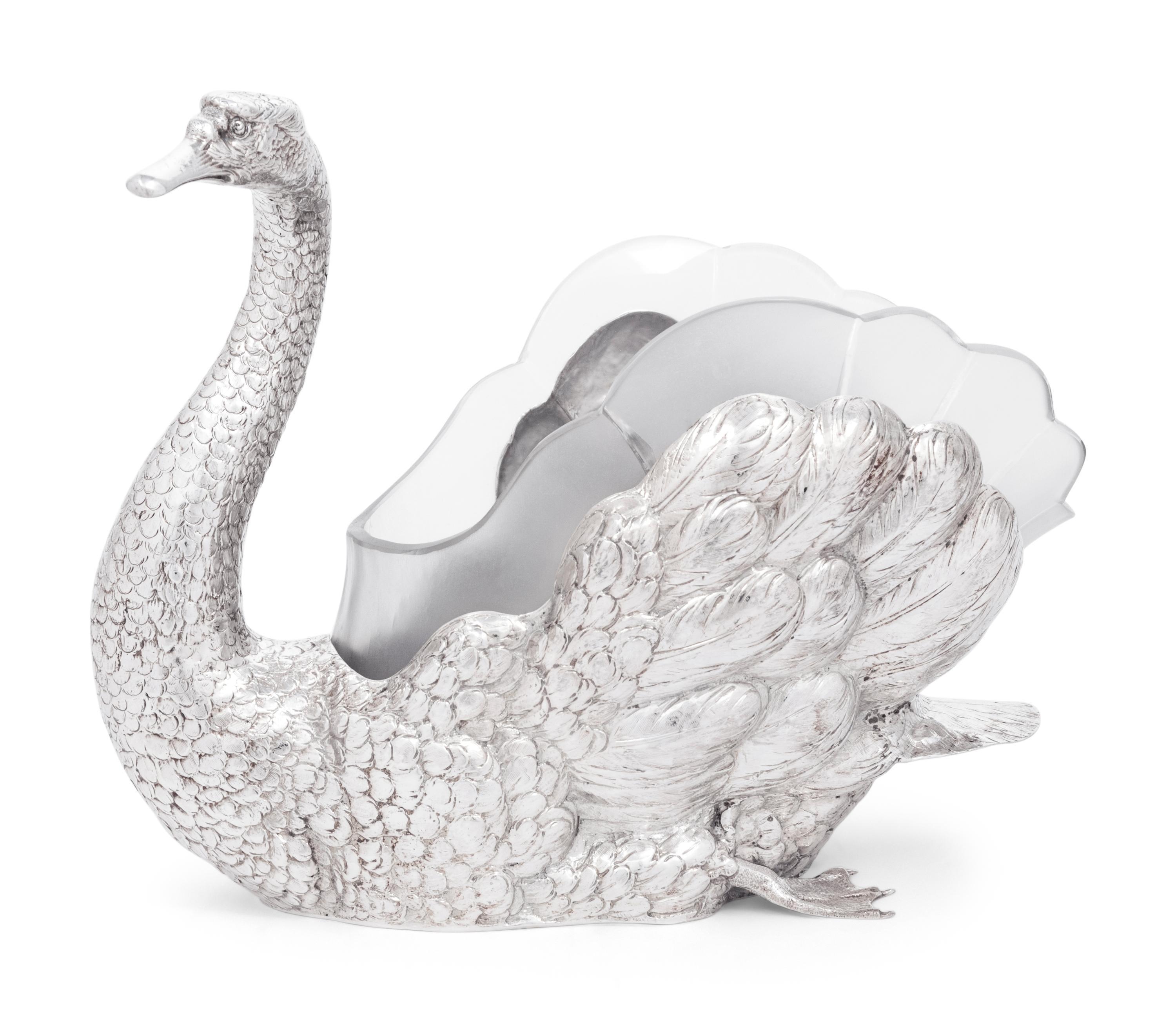 A German Silver and Frosted Glass Swan Centerpiece