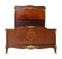 A Louis XV/XVI Transitional Style Gilt Bronze Mounted Marquetry and Parquetry Bed