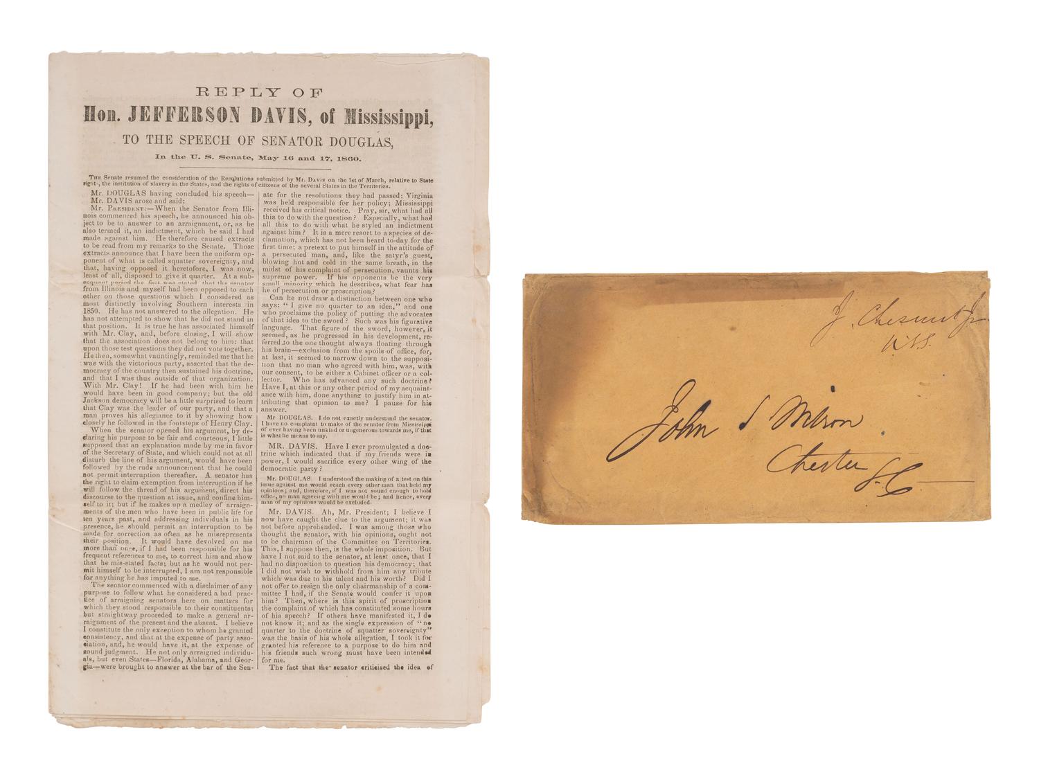 [CIVIL WAR]. Printing of a Jefferson Davis speech sent in a free-franked envelope from CSA Sen. James Chestnut.