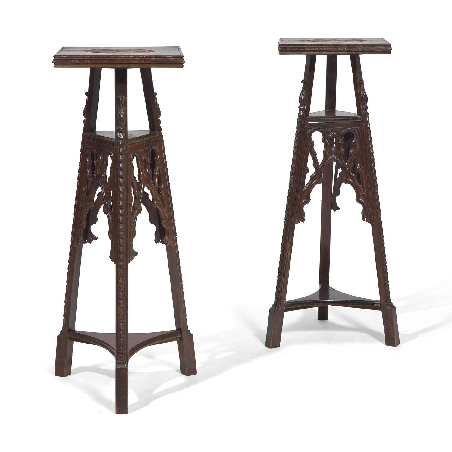 A Pair of Neogothic Carved Oak Jardiniere Stands