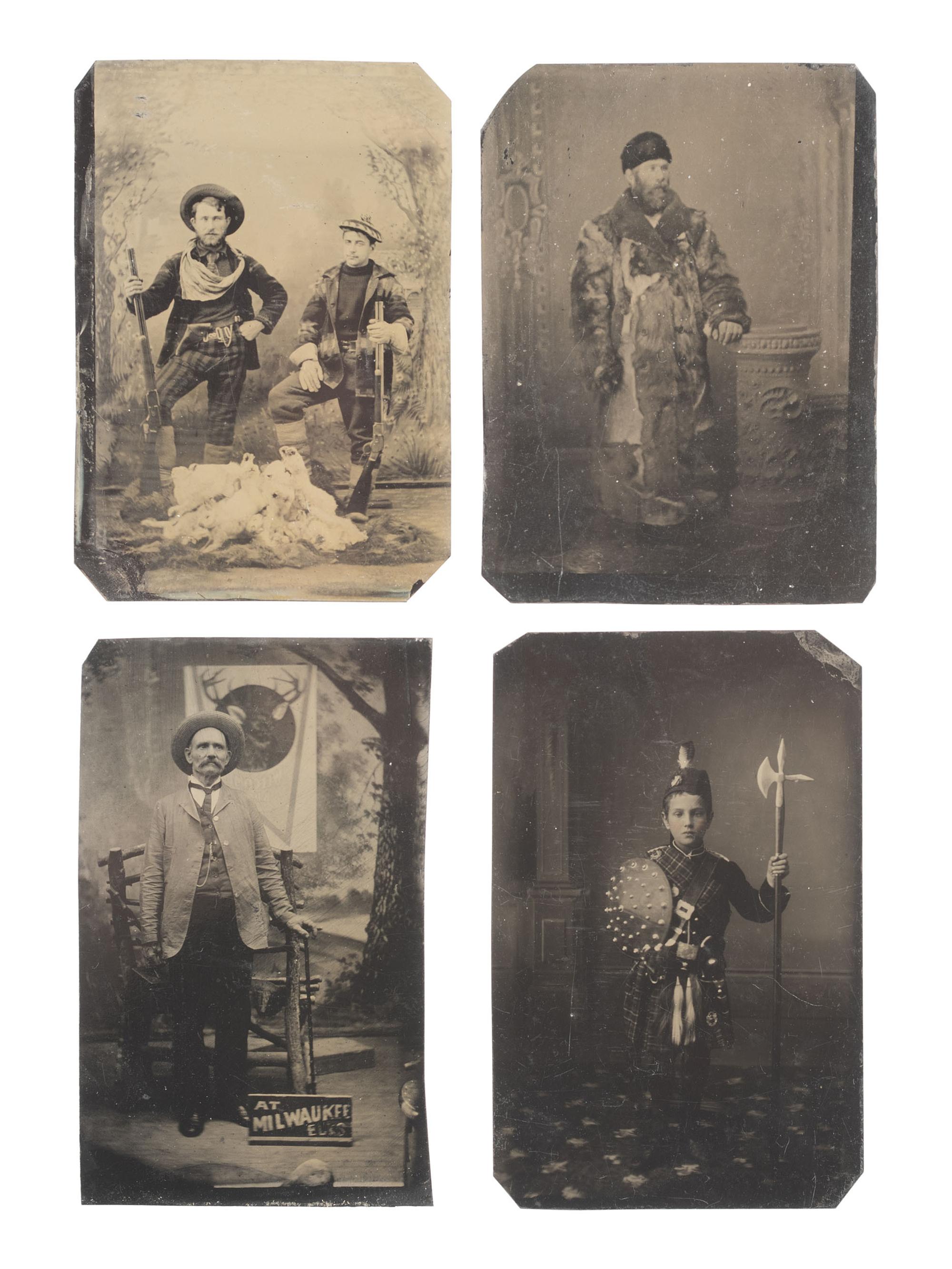 [EARLY PHOTOGRAPHY]. 19 indoor & outdoor tintypes, incl. hunters, cowboys, & curious characters.