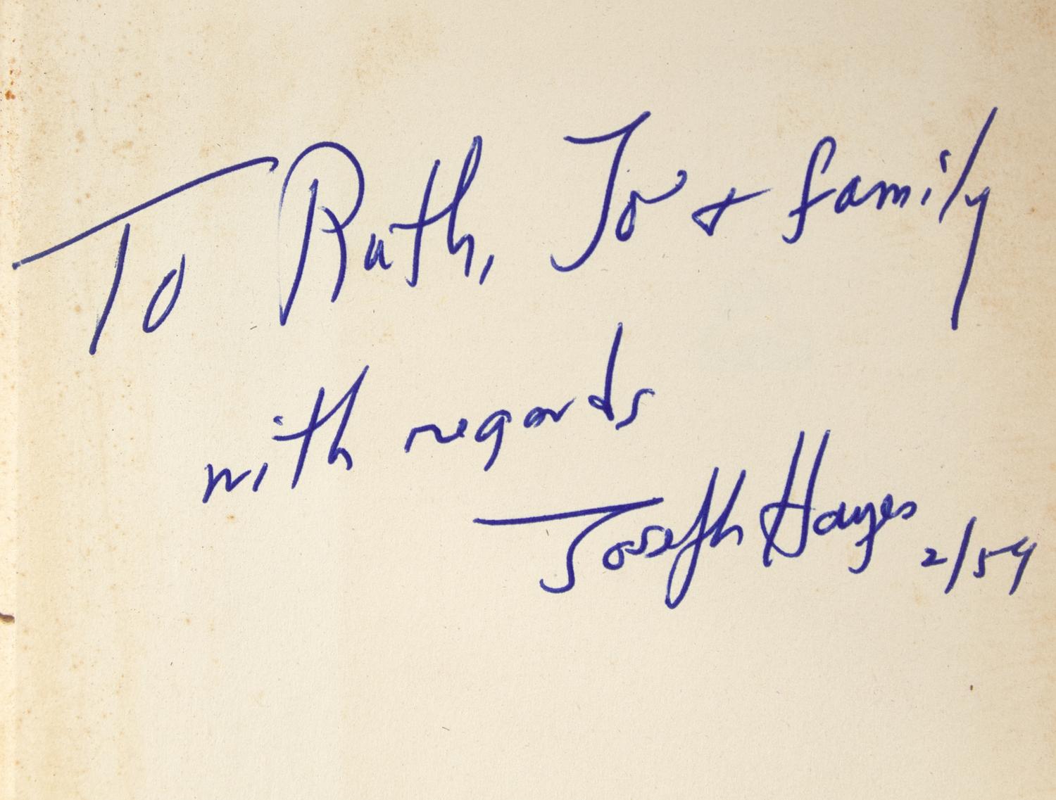 HAYES, Joseph (1918-2006). A group of 3 inscribed titles, comprising: