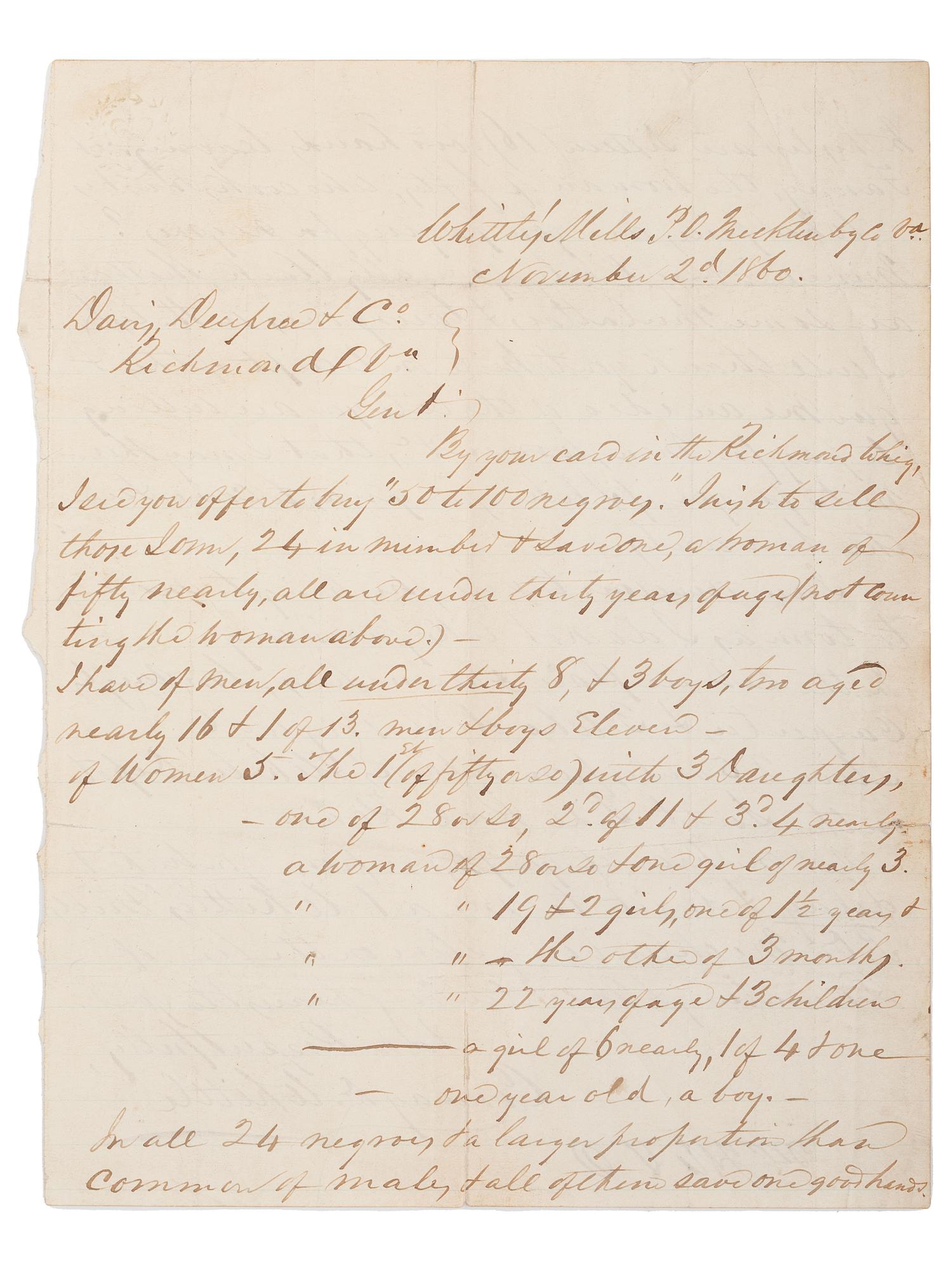 [SLAVERY & ABOLITION]. A letter from Dr. Conway D. Whittle (1809-1891) offering to sell 24 enslaved persons to the firm Davis Deupree & Co. of Richmond, Virginia. Mecklenberg County, Virginia. 2 November 1860.