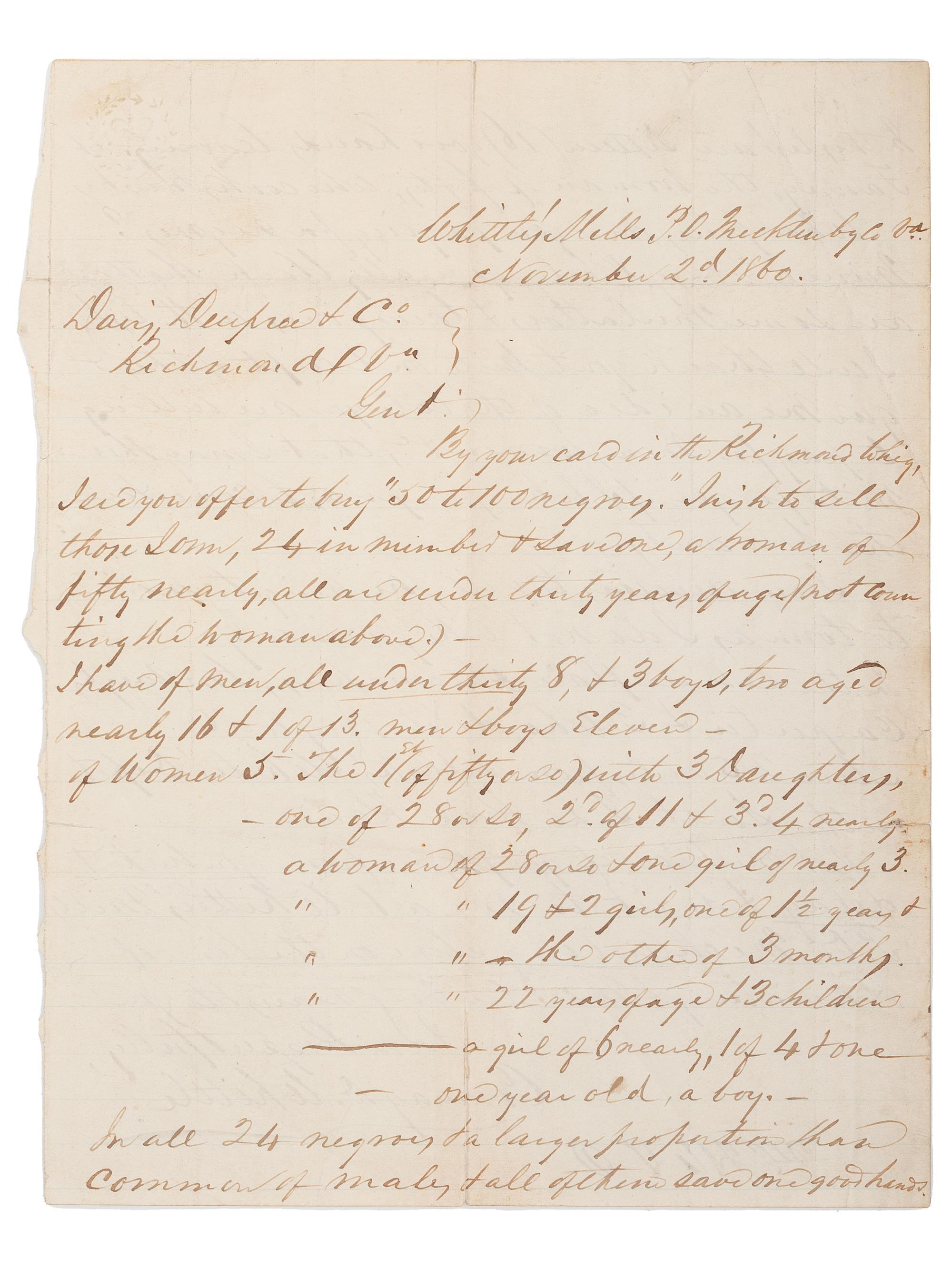 [SLAVERY & ABOLITION]. A letter from Dr. Conway D. Whittle (1809-1891) offering to sell 24 enslaved persons to the firm Davis Deupree & Co. of Richmond, Virginia. Mecklenberg County, Virginia. 2 November 1860.
