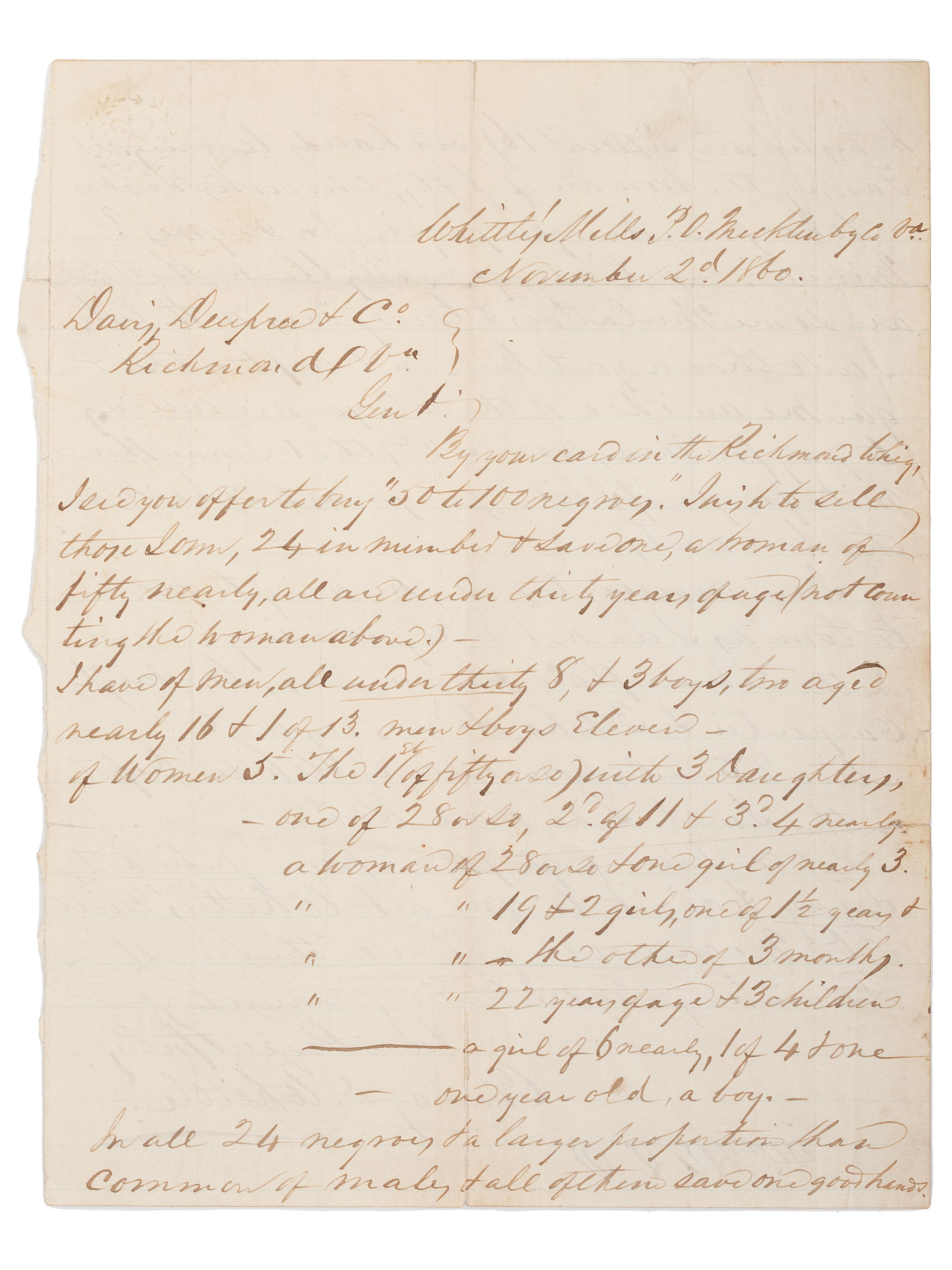 [SLAVERY & ABOLITION]. A letter from Dr. Conway D. Whittle (1809-1891) offering to sell 24 enslaved persons to the firm Davis Deupree & Co. of Richmond, Virginia. Mecklenberg County, Virginia. 2 November 1860.