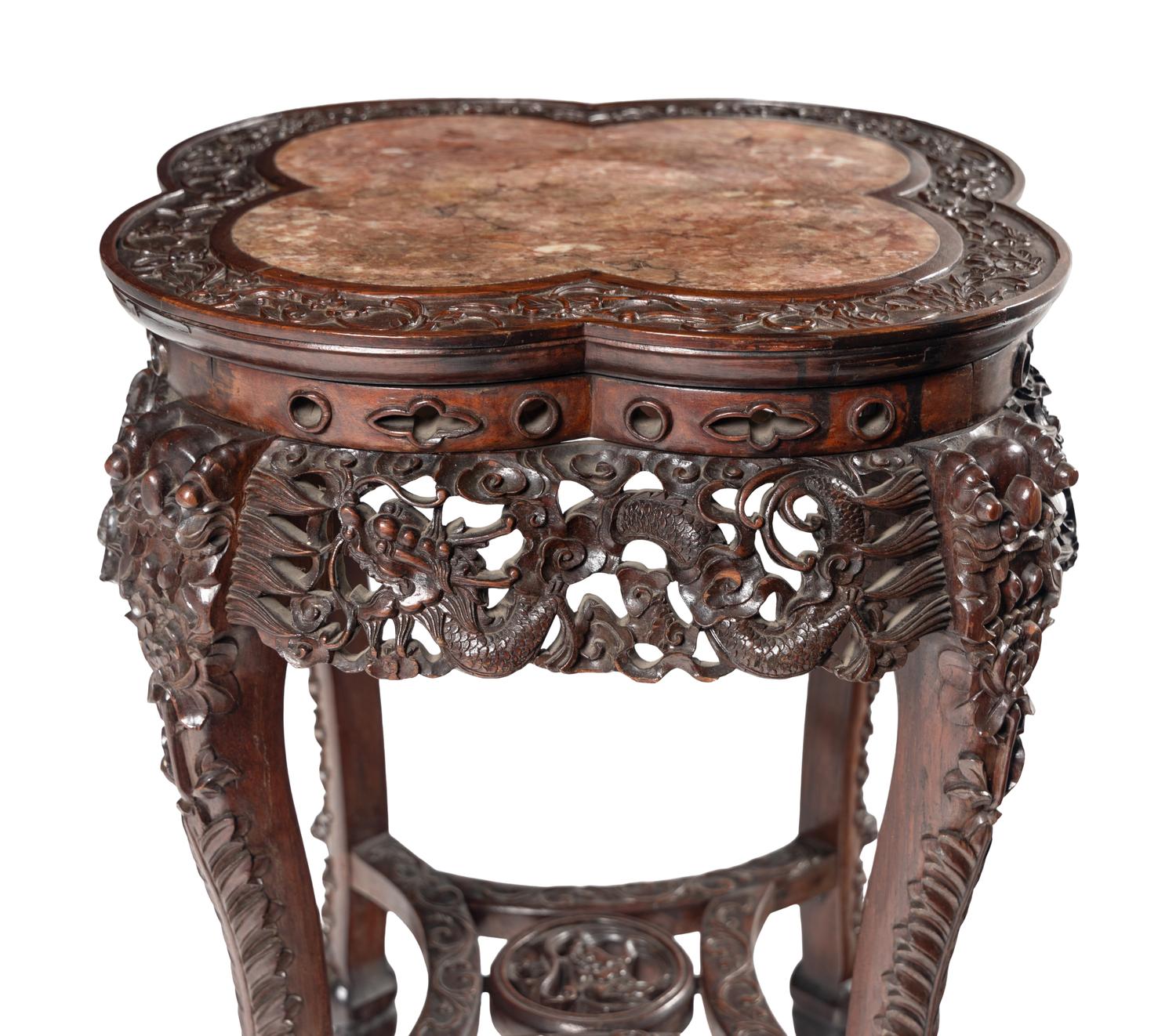 A Chinese Export Carved Hardwood Marble-Inset Side Table
