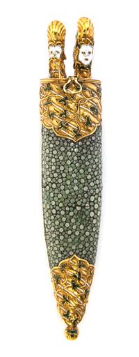 A Continental Enameled Gold and Shagreen Miniature Traveling Knife and Fork in a Matching Case Length of case 6 1/4 inches. — 19TH CENTURY WITH EARLIER IMPLEMENTS