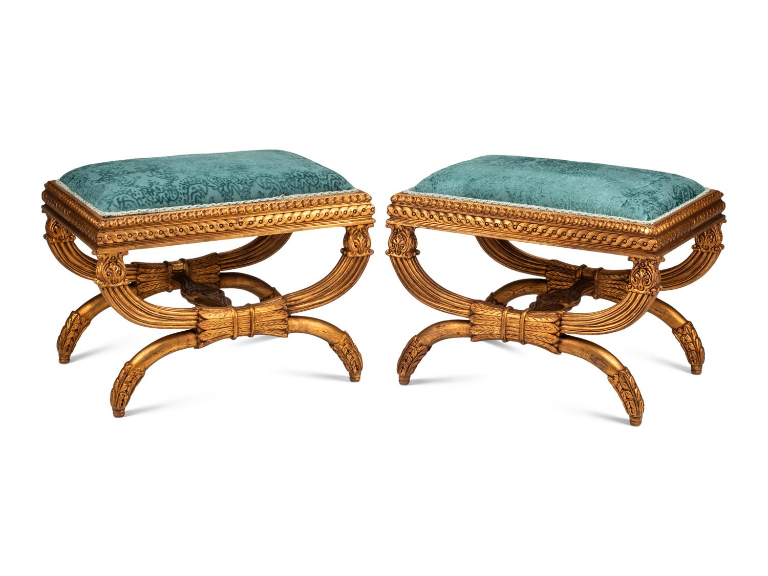 A Pair of Italian Neoclassical Style Carved Giltwood Curule-Form Benches