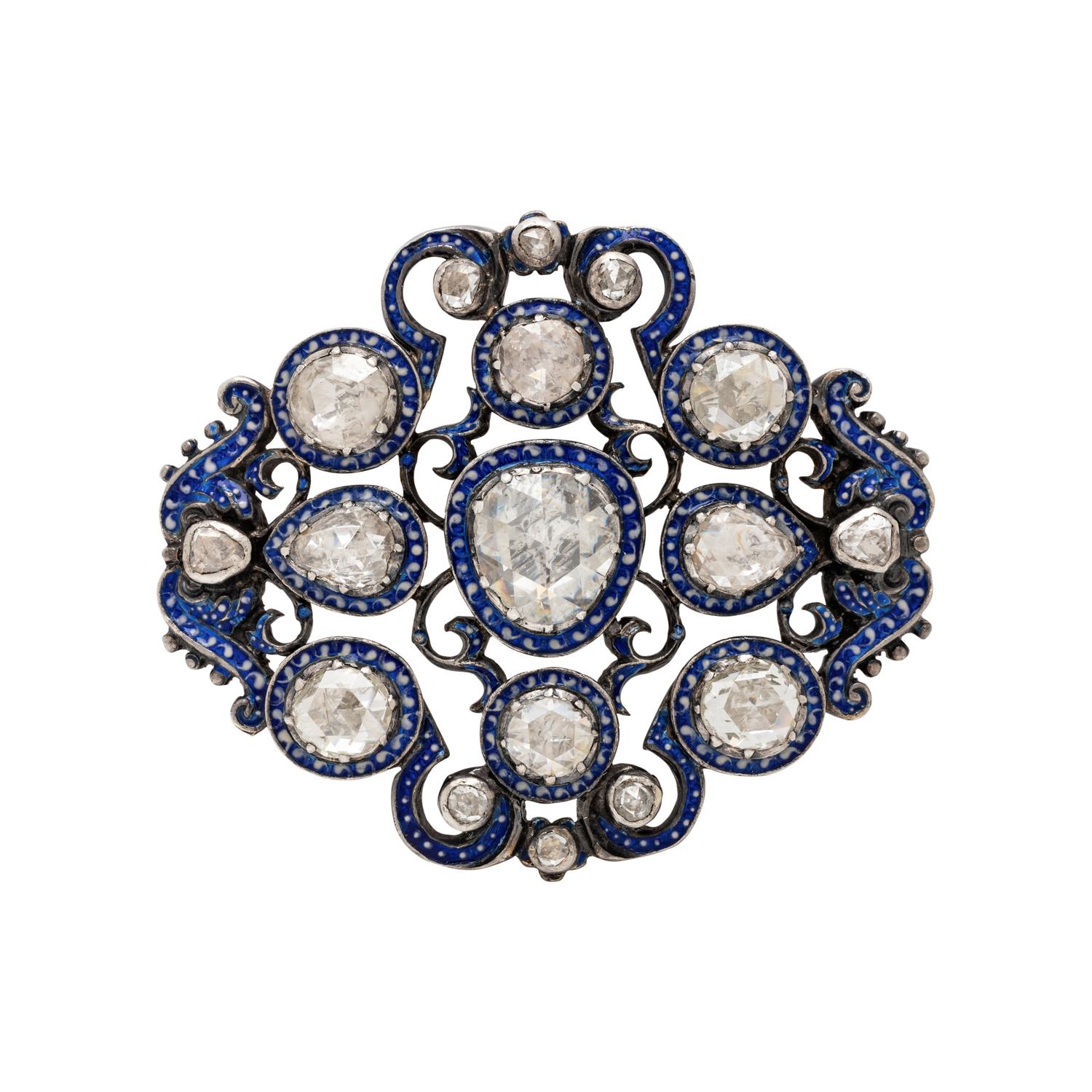 SILVER-TOPPED GOLD, DIAMOND AND ENAMEL BROOCH