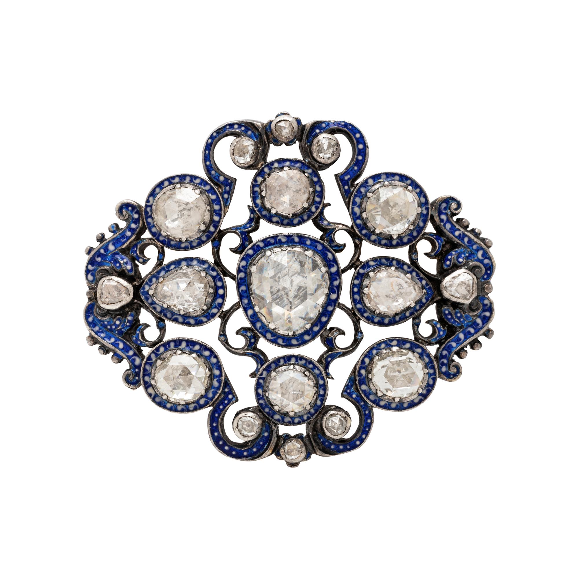 SILVER-TOPPED GOLD, DIAMOND AND ENAMEL BROOCH