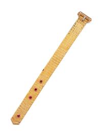 A Retro 14 Karat Yellow Gold, Platinum, Ruby and Diamond Belt Motif Bracelet,