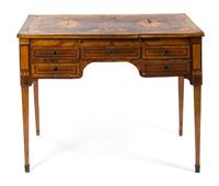 A Continental Parquetry Writing Desk, Height 31 1/2 x width 40 3/4 x depth 23 inches.