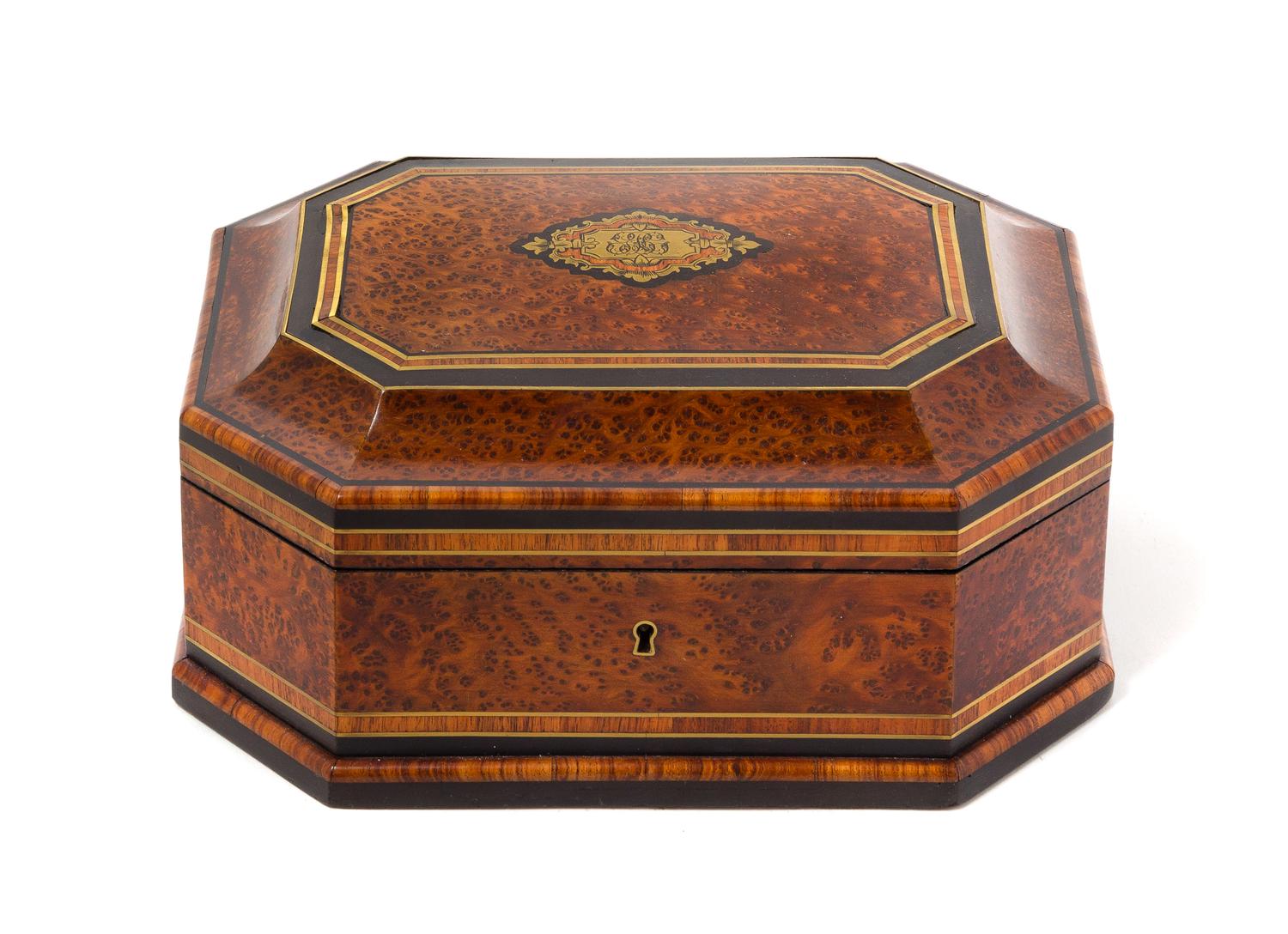 A French Parcel Ebonized and Brass Inlaid Burlwood Jewelry Box Height 4 1/4 x width 7 1/2 x depth 7 1/2 inches. — 19TH CENTURY