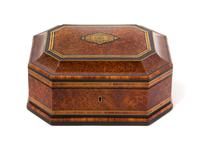 A French Parcel Ebonized and Brass Inlaid Burlwood Jewelry Box Height 4 1/4 x width 7 1/2 x depth 7 1/2 inches. — 19TH CENTURY