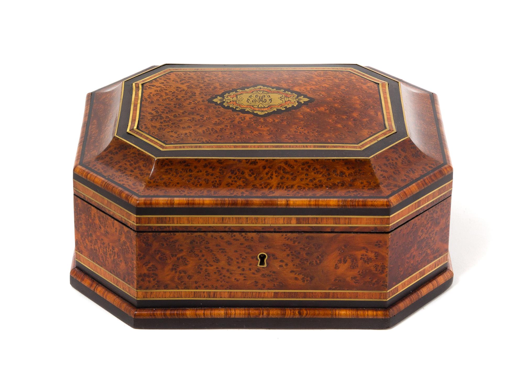 A French Parcel Ebonized and Brass Inlaid Burlwood Jewelry Box Height 4 1/4 x width 7 1/2 x depth 7 1/2 inches. — 19TH CENTURY