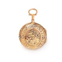 TRICOLOR GILT-METAL AND DIAMOND DUMB REPEATER OPEN FACE POCKET WATCH
