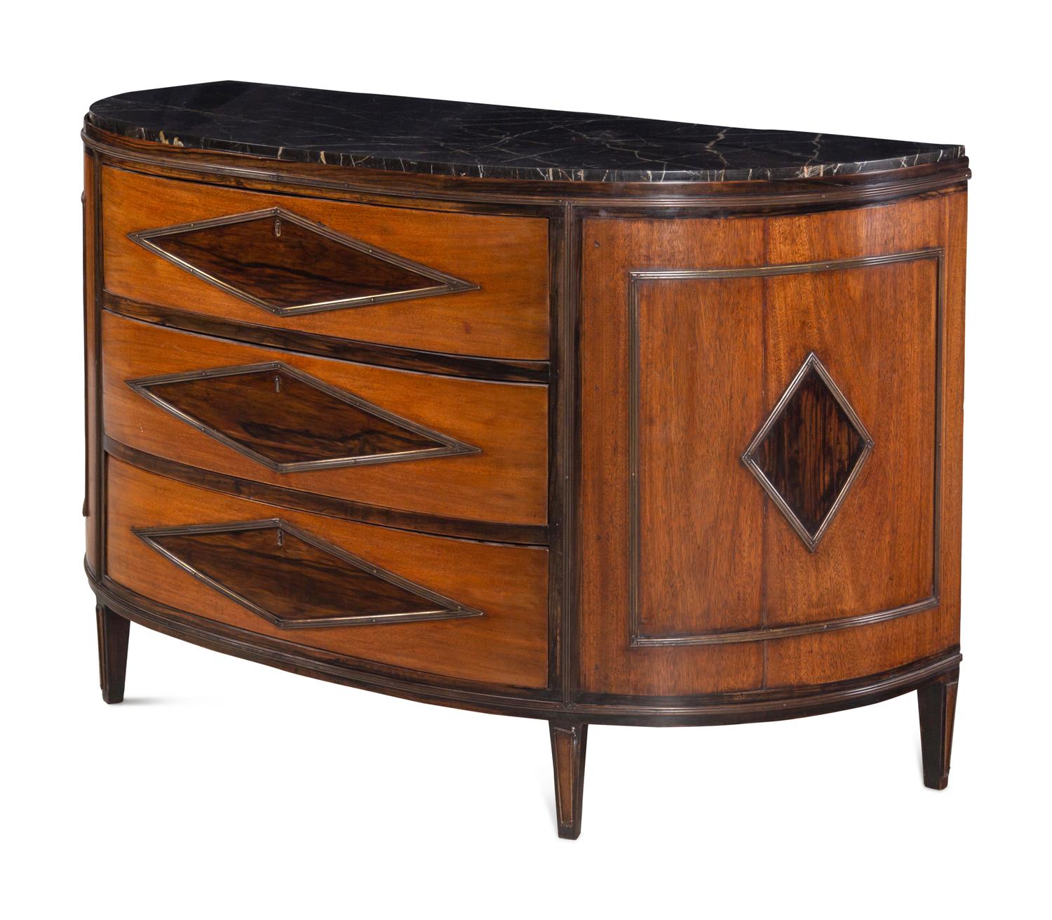 A Continental Mahogany Marble-Top Demilune Commode