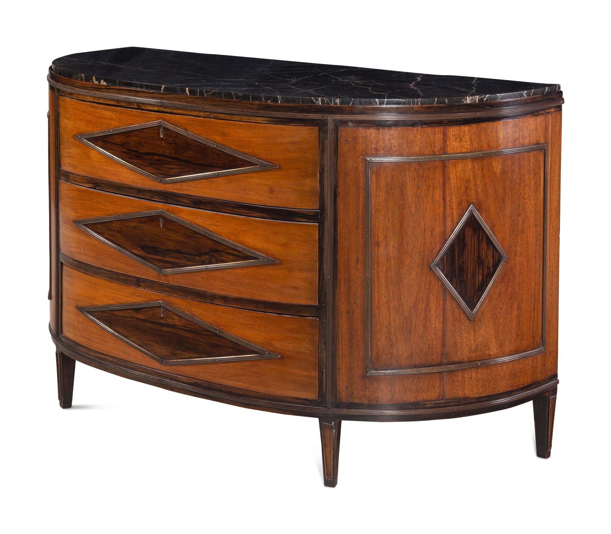 A Continental Mahogany Marble-Top Demilune Commode