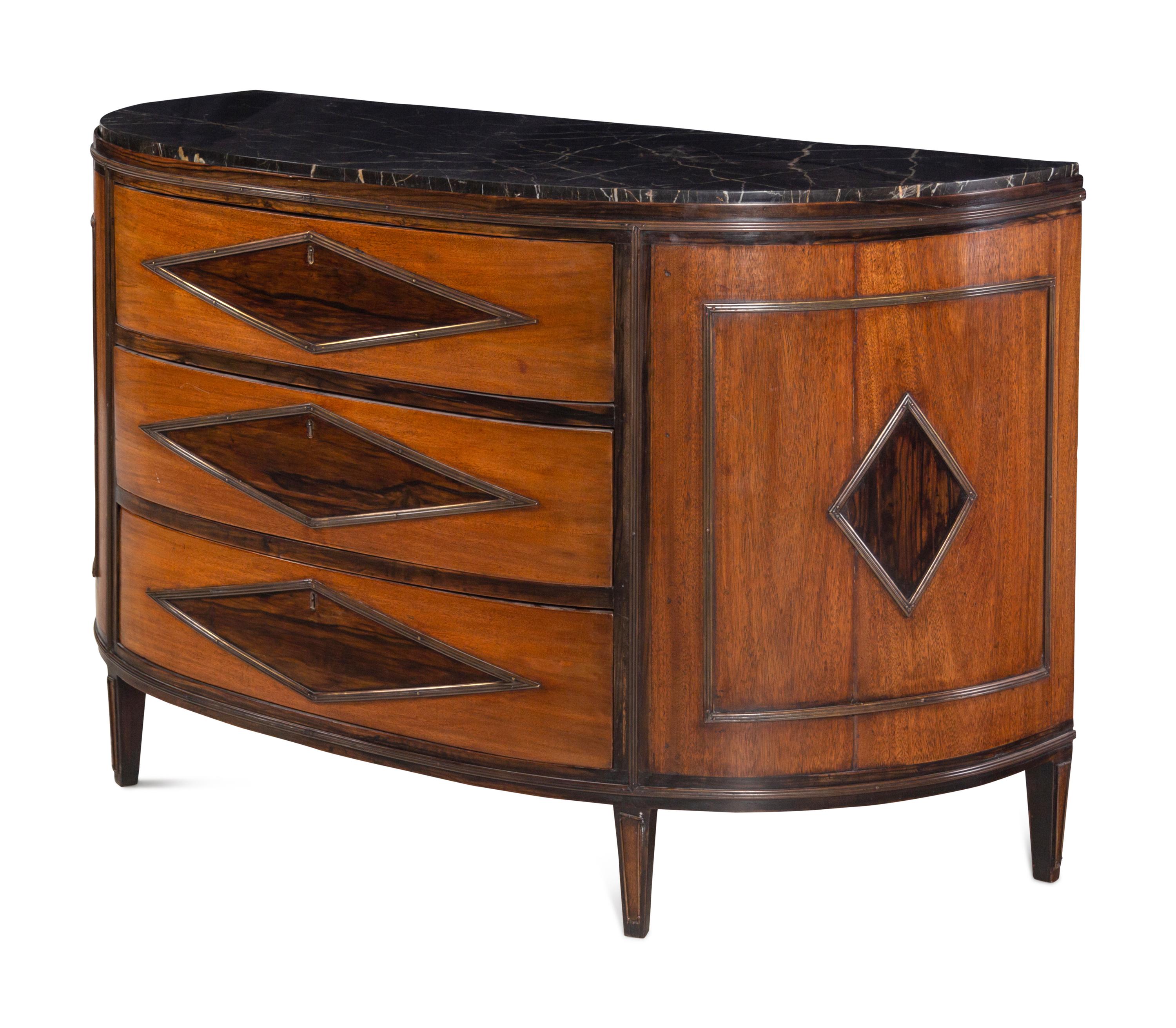 A Continental Mahogany Marble-Top Demilune Commode