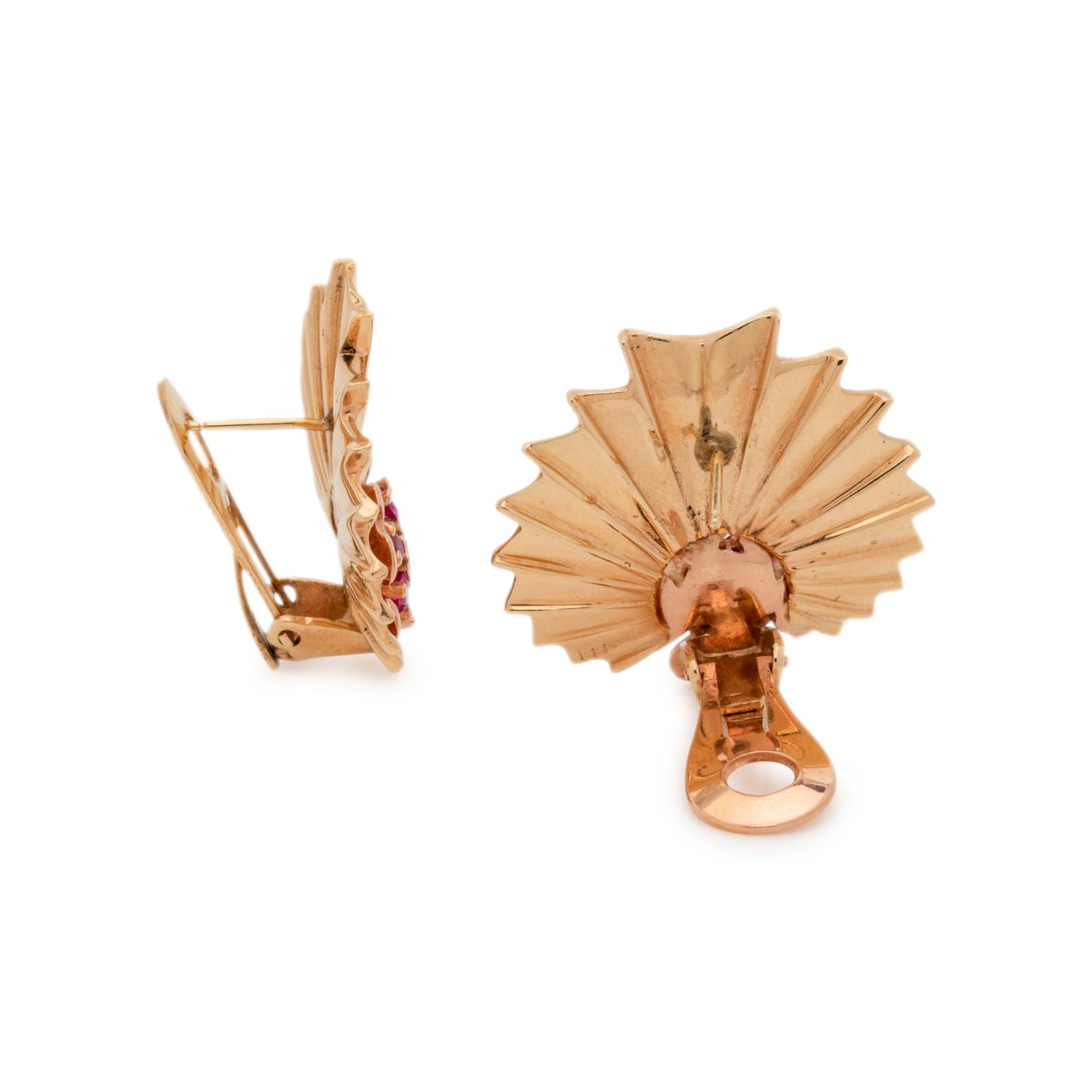 RETRO, BICOLOR GOLD, RUBY AND DIAMOND EARCLIPS