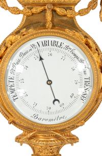 A French Neoclassical Gilt Bronze and Jasperware Cartel Clock and Barometer Set