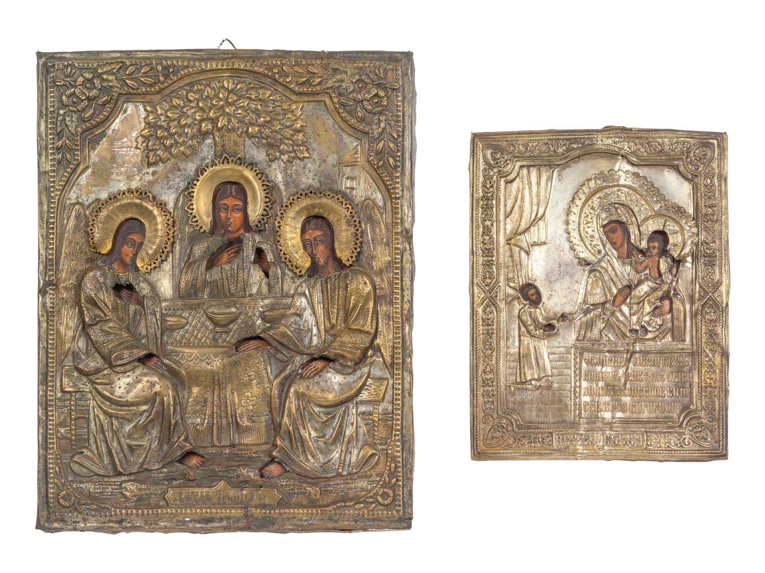 Two Russian Brass Oklad Icons: The Holy Trinity and Mother and Child