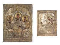 Two Russian Brass Oklad Icons: The Holy Trinity and Mother and Child