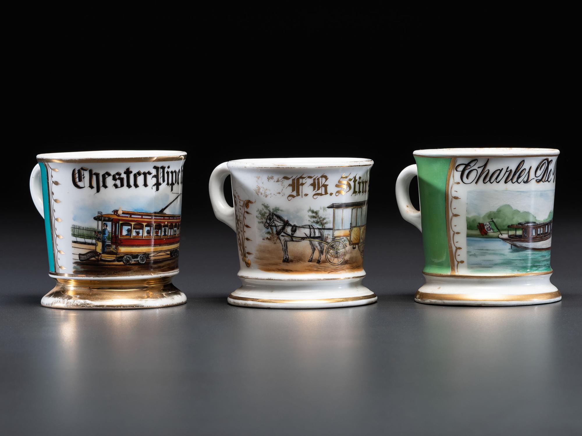 Three Transportation Related Porcelain Occupational Shaving Mugs