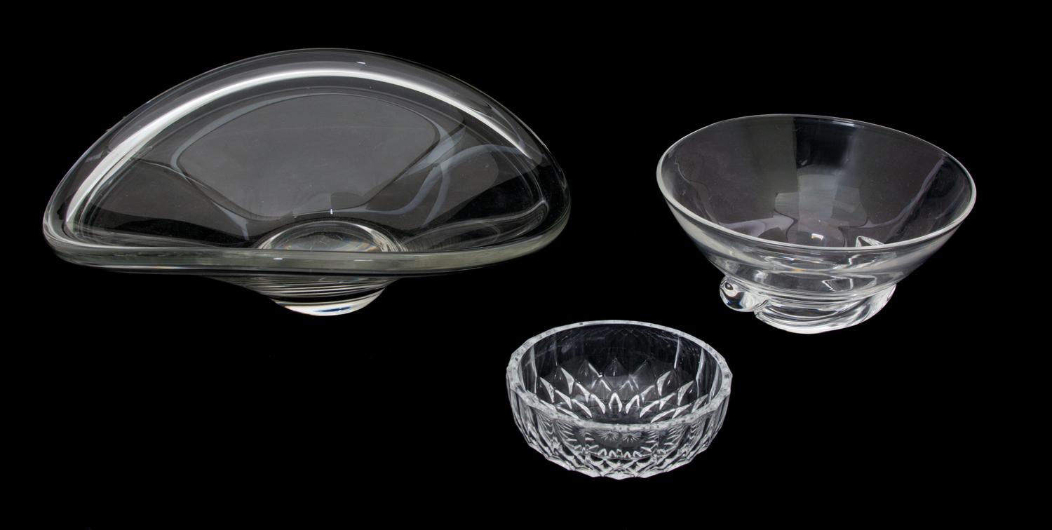 Three Contemporary Clear Glass Bowls Diameter of largest 12 inches.