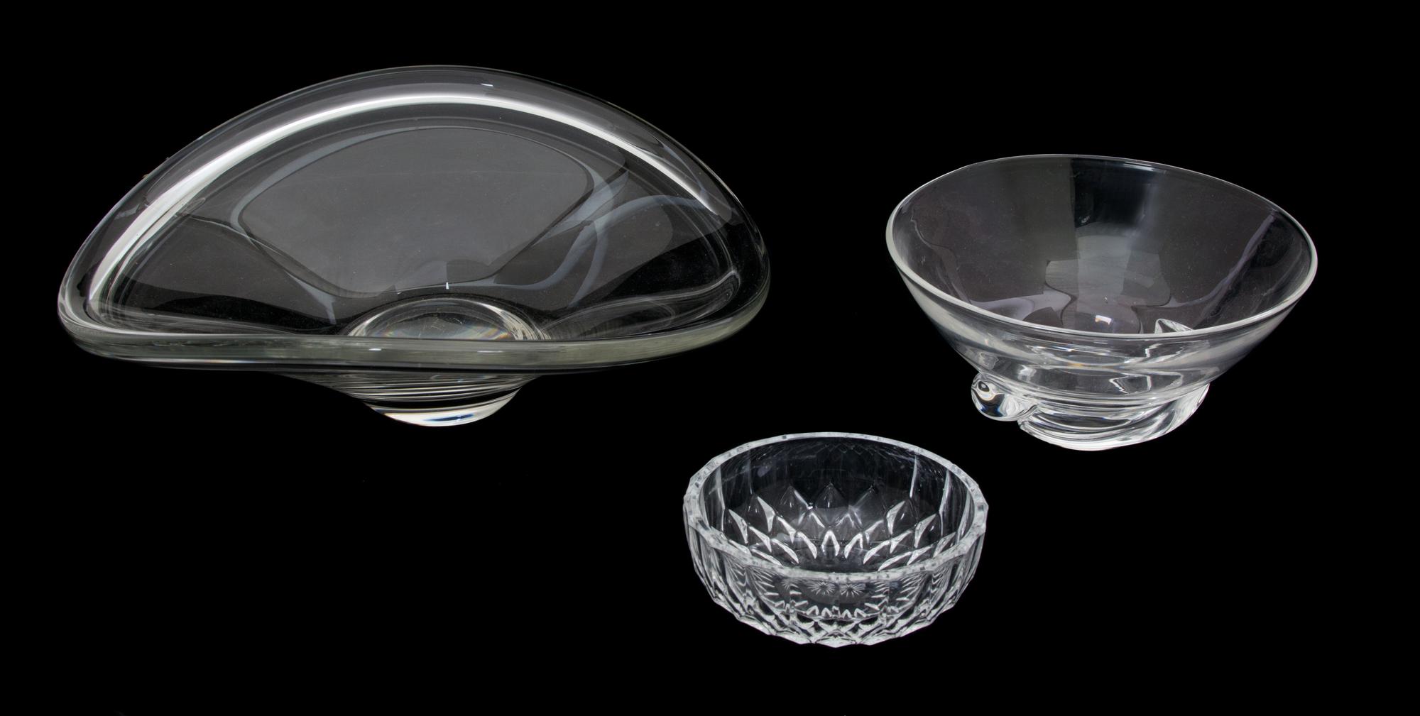 Three Contemporary Clear Glass Bowls Diameter of largest 12 inches.