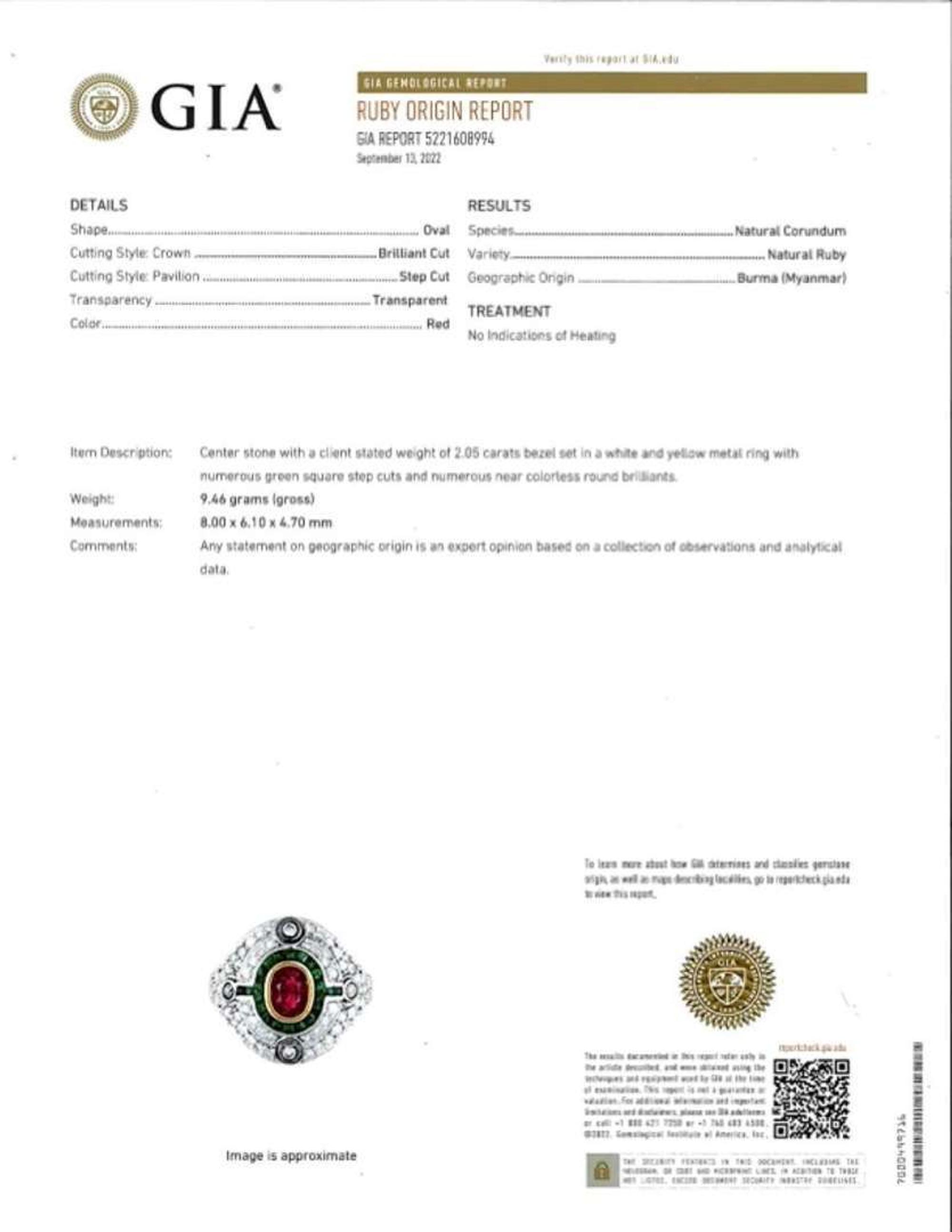 An 18K White Gold, Ruby, Emerald, and Diamond Ring No-Heat Burmese 2.05 Carat Ruby, GIA Certified