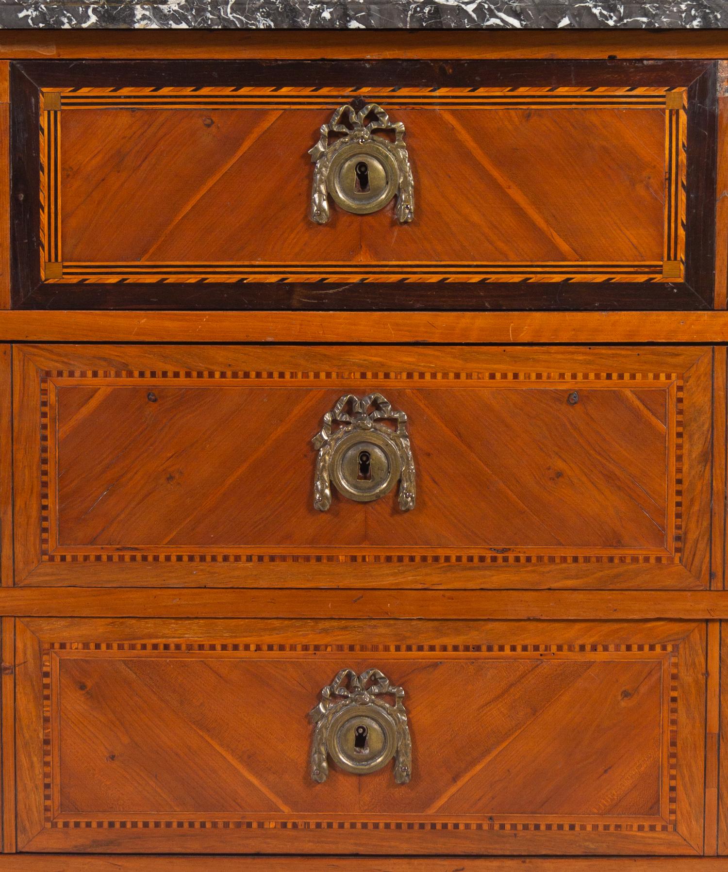 A Louis XVI Marquetry and Fruitwood Marble-Top Commode