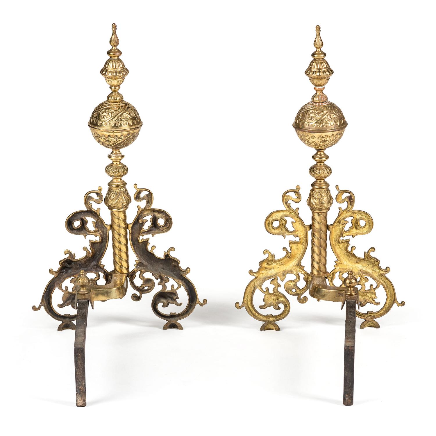 A Pair of Baroque Style Brass Andirons