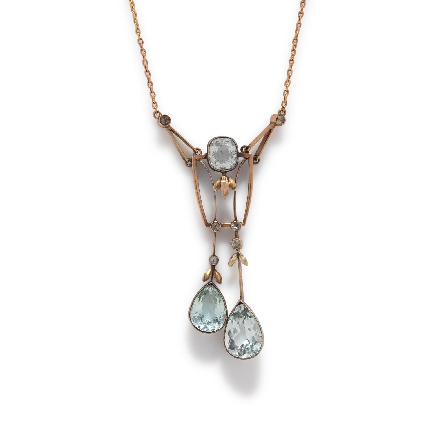 RUSSIAN, ART NOUVEAU, AQUAMARINE AND DIAMOND LARIAT NECKLACE