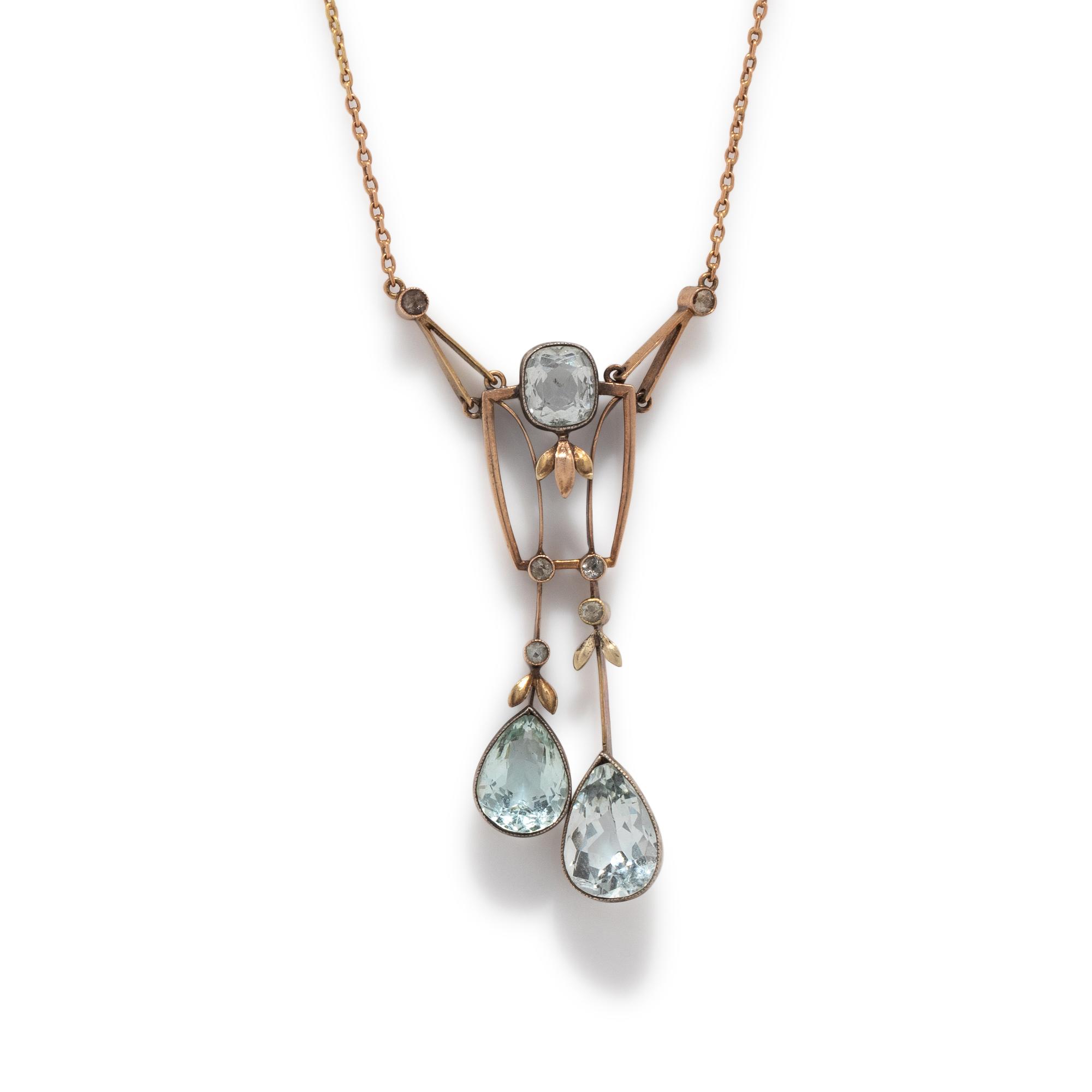 RUSSIAN, ART NOUVEAU, AQUAMARINE AND DIAMOND LARIAT NECKLACE