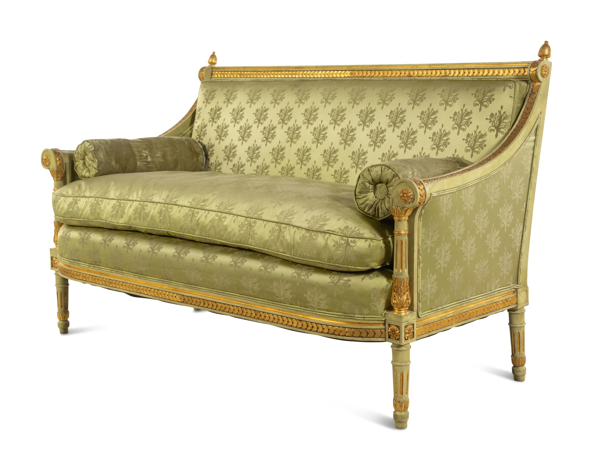 A Louis XVI Style Painted and Parcel Gilt Settee