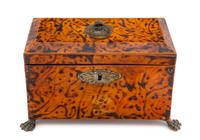 A Faux Tortoise Shell and Gilt Metal Mounted Tea Caddy Height 4 3/4 x width 8 inches. — LATE 19TH/EARLY 20TH CENTURY