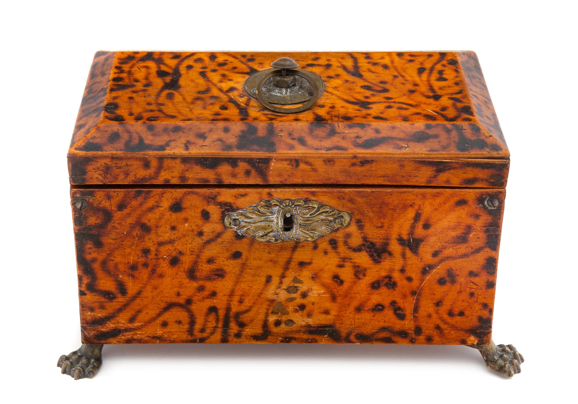 A Faux Tortoise Shell and Gilt Metal Mounted Tea Caddy Height 4 3/4 x width 8 inches. — LATE 19TH/EARLY 20TH CENTURY