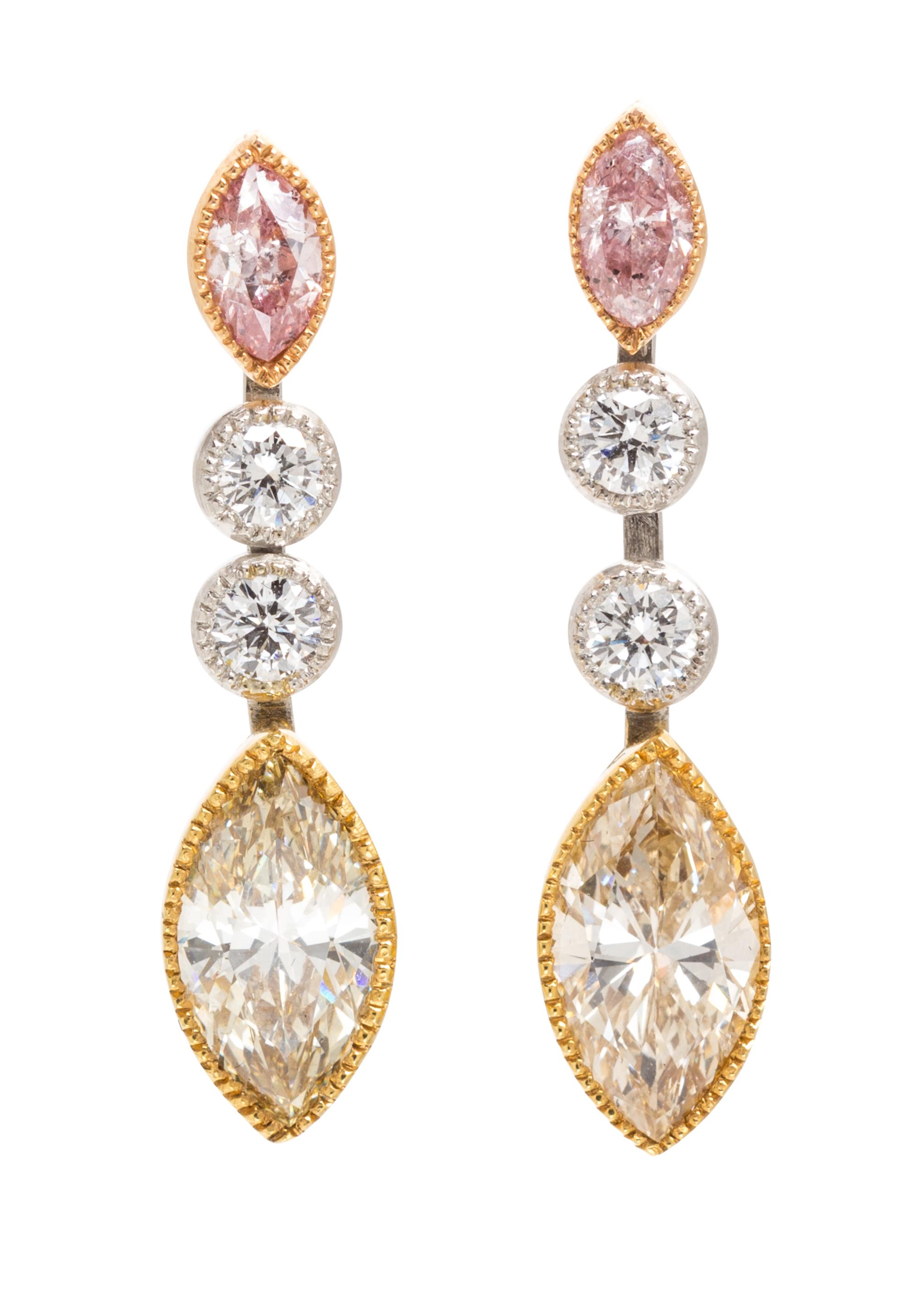 A Pair of 18 Karat Tri Color Gold, Fancy Colored Diamond and Diamond Earrings, 4.40 dwts.