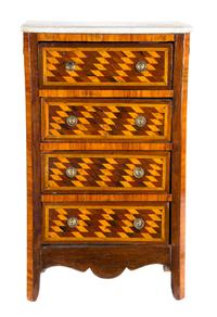 A Louis XVI Style Diminutive Parquetry Chest Height 25 1/2 x width 15 1/2 x depth 8 3/4 inches.