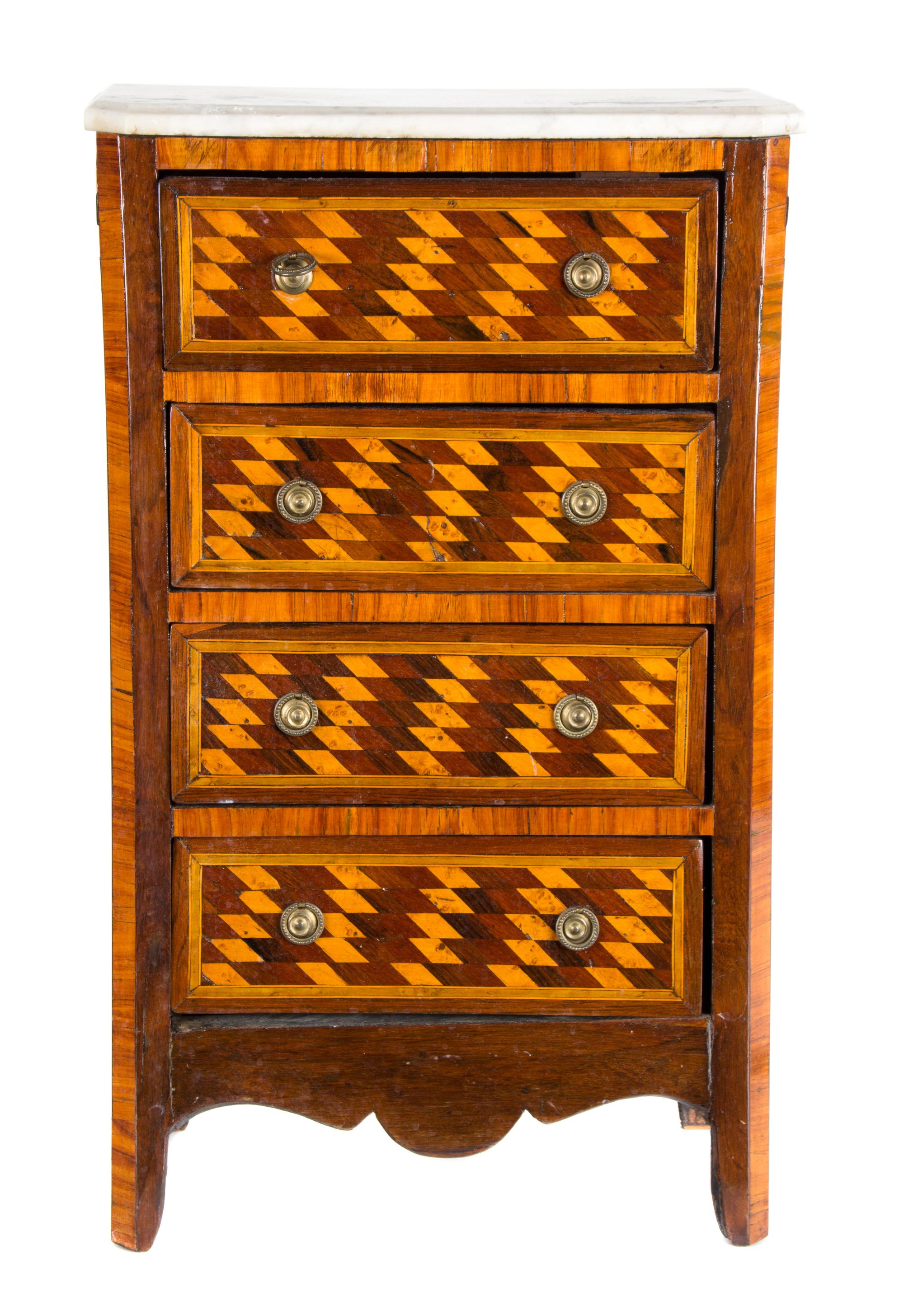 A Louis XVI Style Diminutive Parquetry Chest Height 25 1/2 x width 15 1/2 x depth 8 3/4 inches.