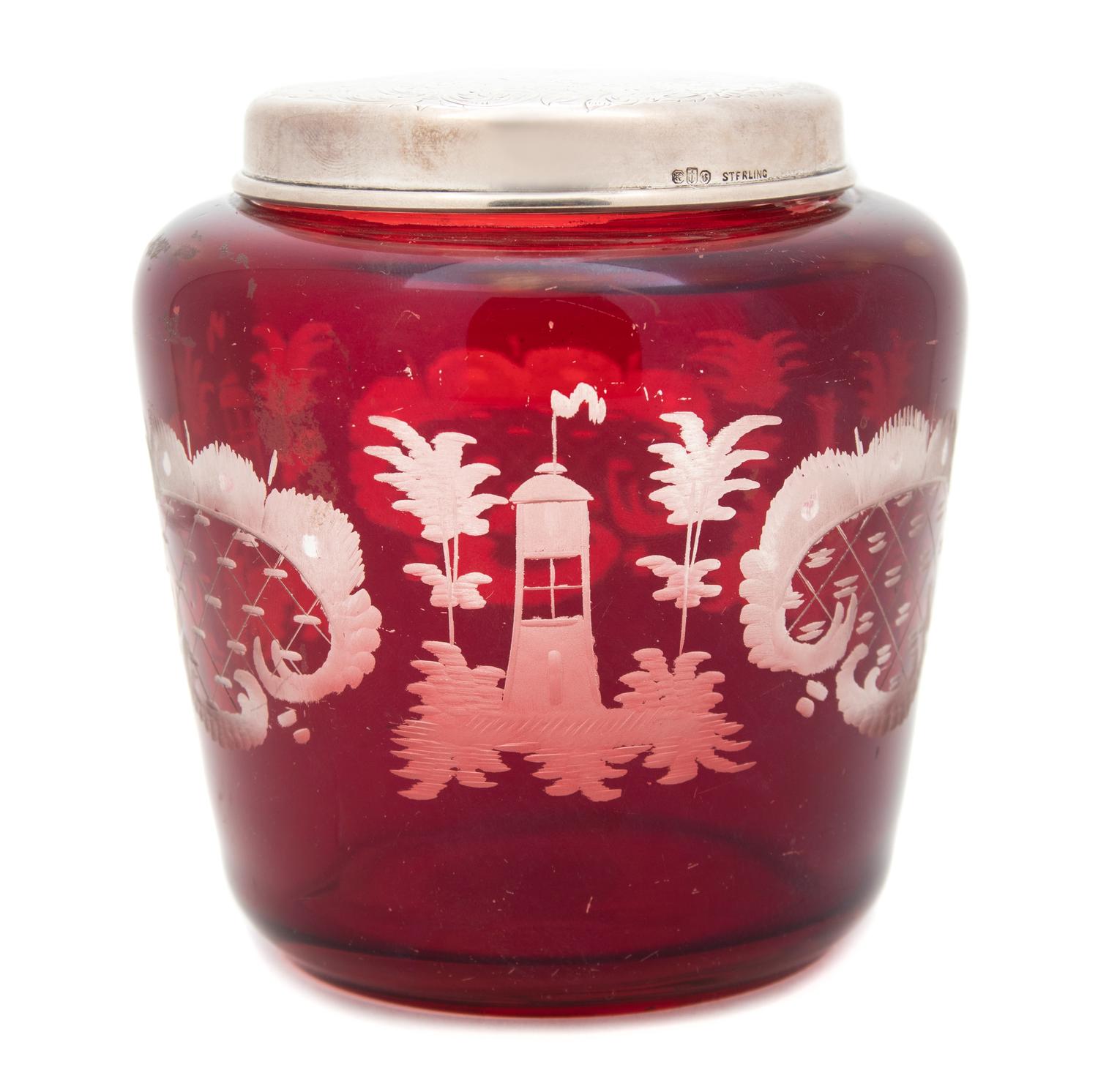 An English Cranberry Glass and Silver Covered Jar