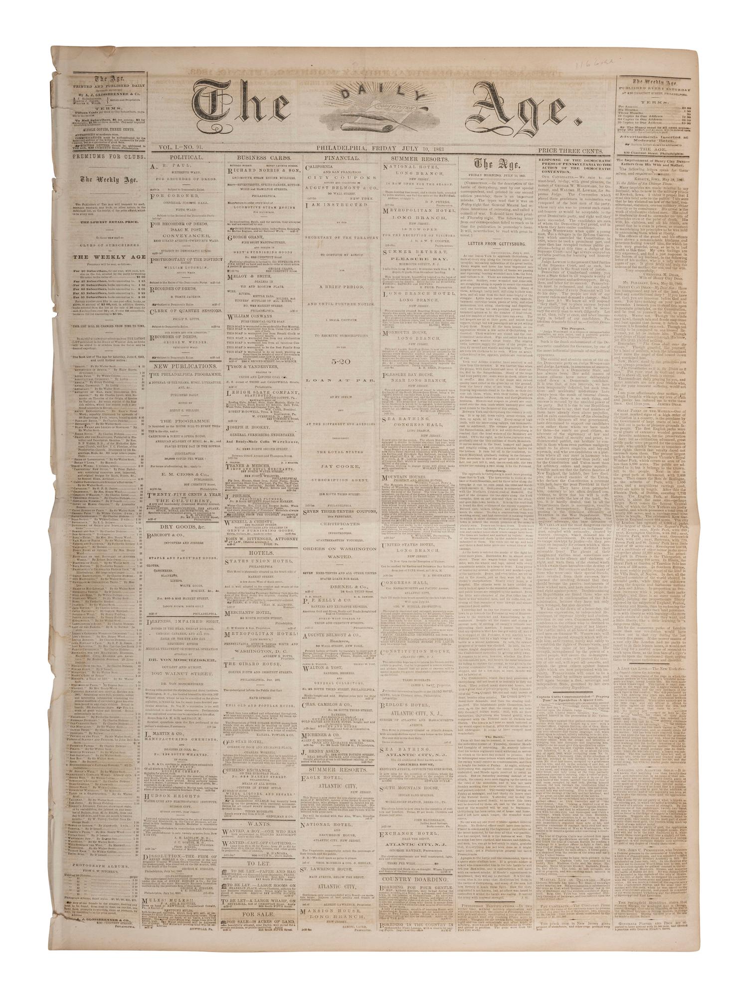 [CIVIL WAR - GETTYSBURG]. The Daily Age . Vol. 1, No. 91. Philadelphia, PA: A.J. Glossbrenner & Co., 10 July 1863. Featuring full account of the Battle of Gettysburg.