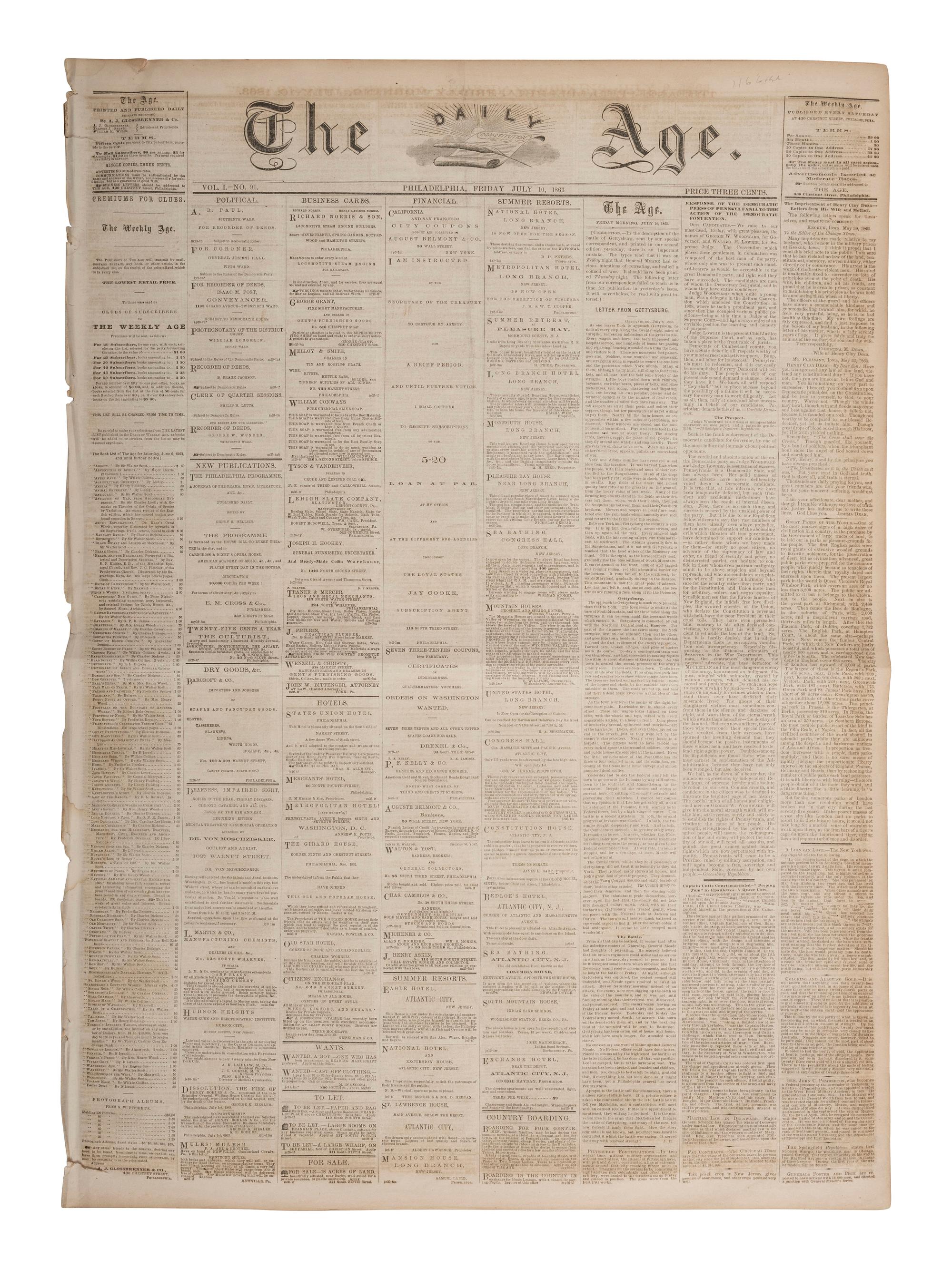 [CIVIL WAR - GETTYSBURG]. The Daily Age . Vol. 1, No. 91. Philadelphia, PA: A.J. Glossbrenner & Co., 10 July 1863. Featuring full account of the Battle of Gettysburg.