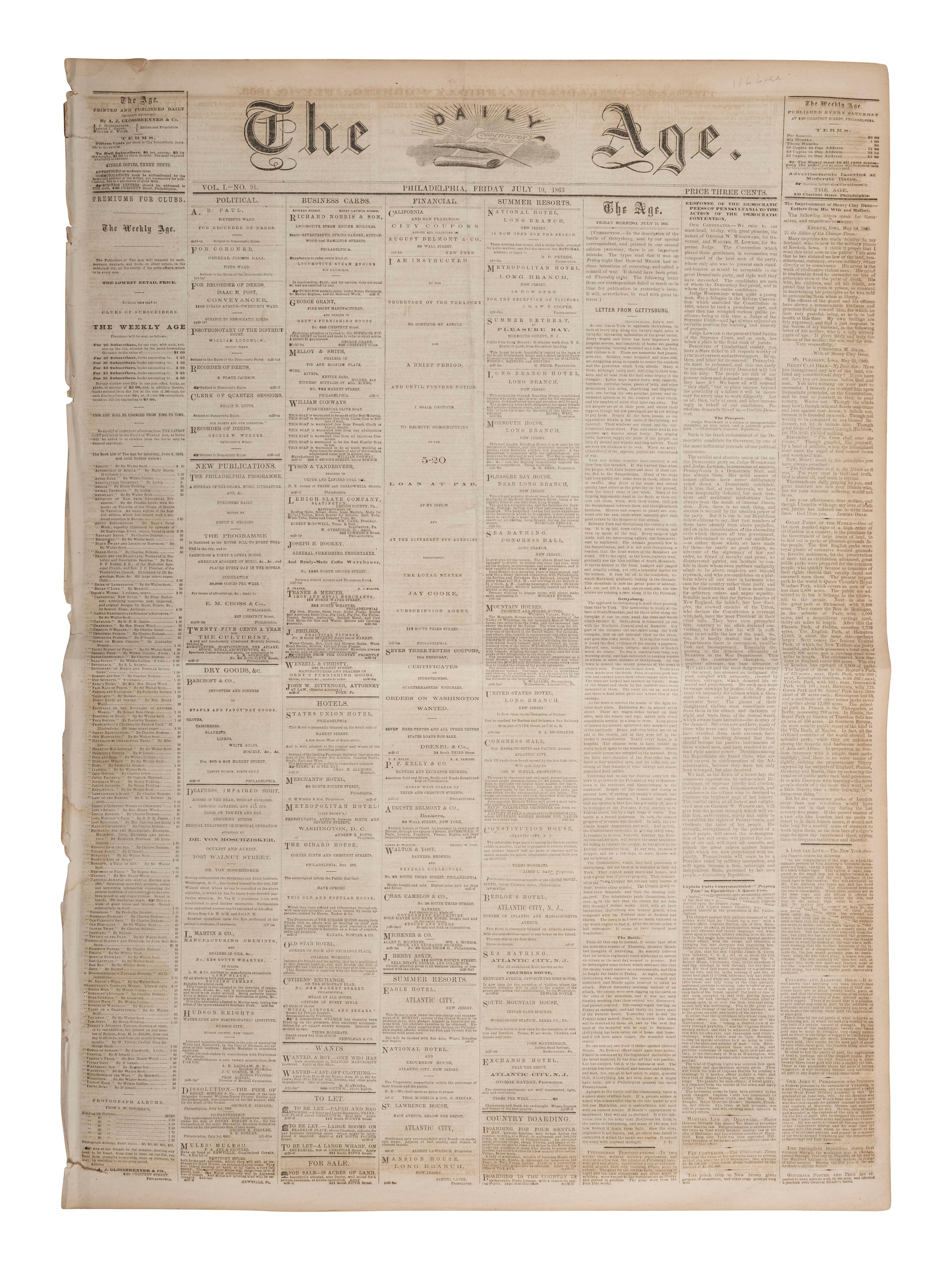 [CIVIL WAR - GETTYSBURG]. The Daily Age . Vol. 1, No. 91. Philadelphia, PA: A.J. Glossbrenner & Co., 10 July 1863. Featuring full account of the Battle of Gettysburg.