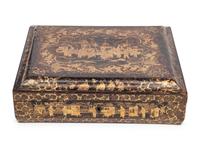 A Chinese Export Black Lacquer and Parcel-Gilt Game Box