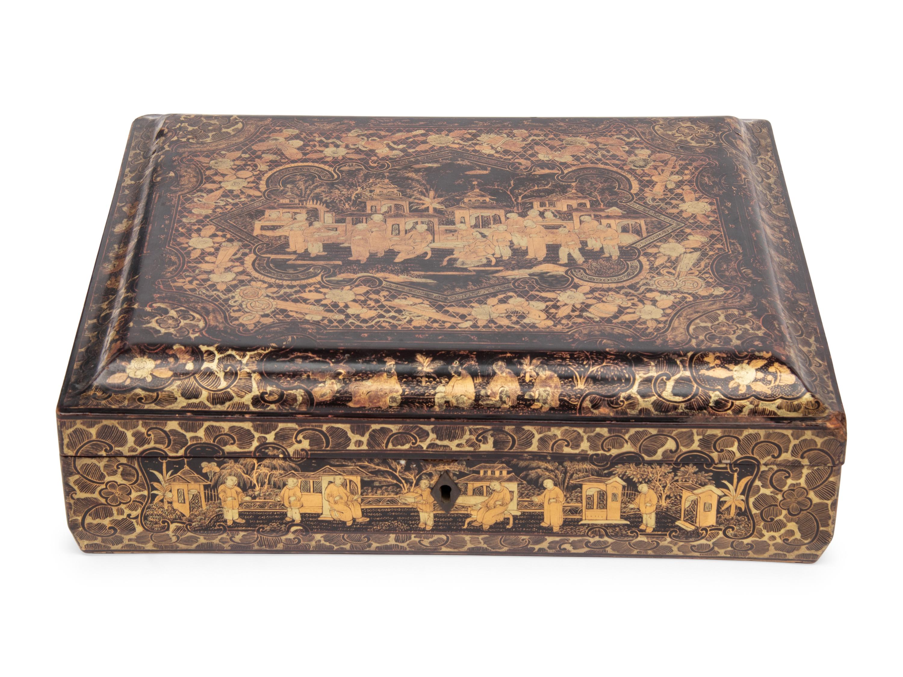 A Chinese Export Black Lacquer and Parcel-Gilt Game Box