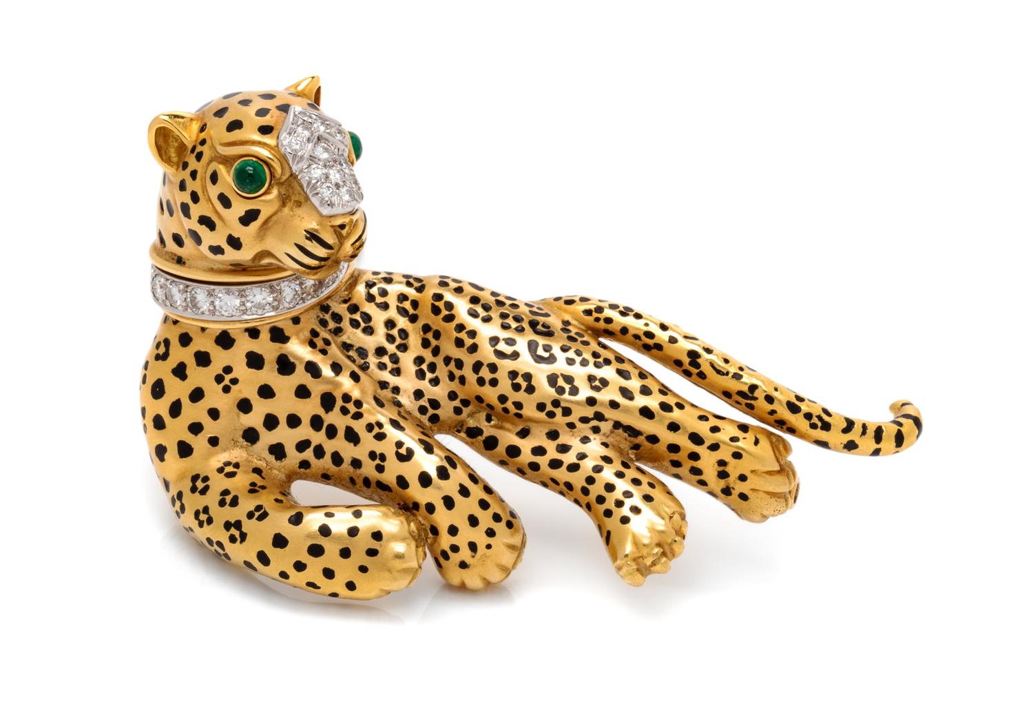 An 18 Karat Yellow Gold, Platinum, Diamond, Emerald and Enamel Leopard Brooch, David Webb, 33.40 dwts.